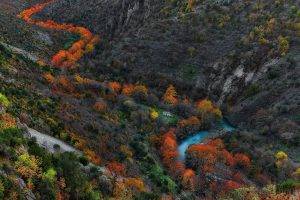 mountain, River, Nature, Fall, Gorge, Trees, Landscape, Orange, Yellow, Green, Blue