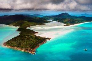 beach, Island, Australia, Sea, Sailboats, Sand, Clouds, Forest, Mountain, Turquoise, Water, Nature, Landscape, Aerial View