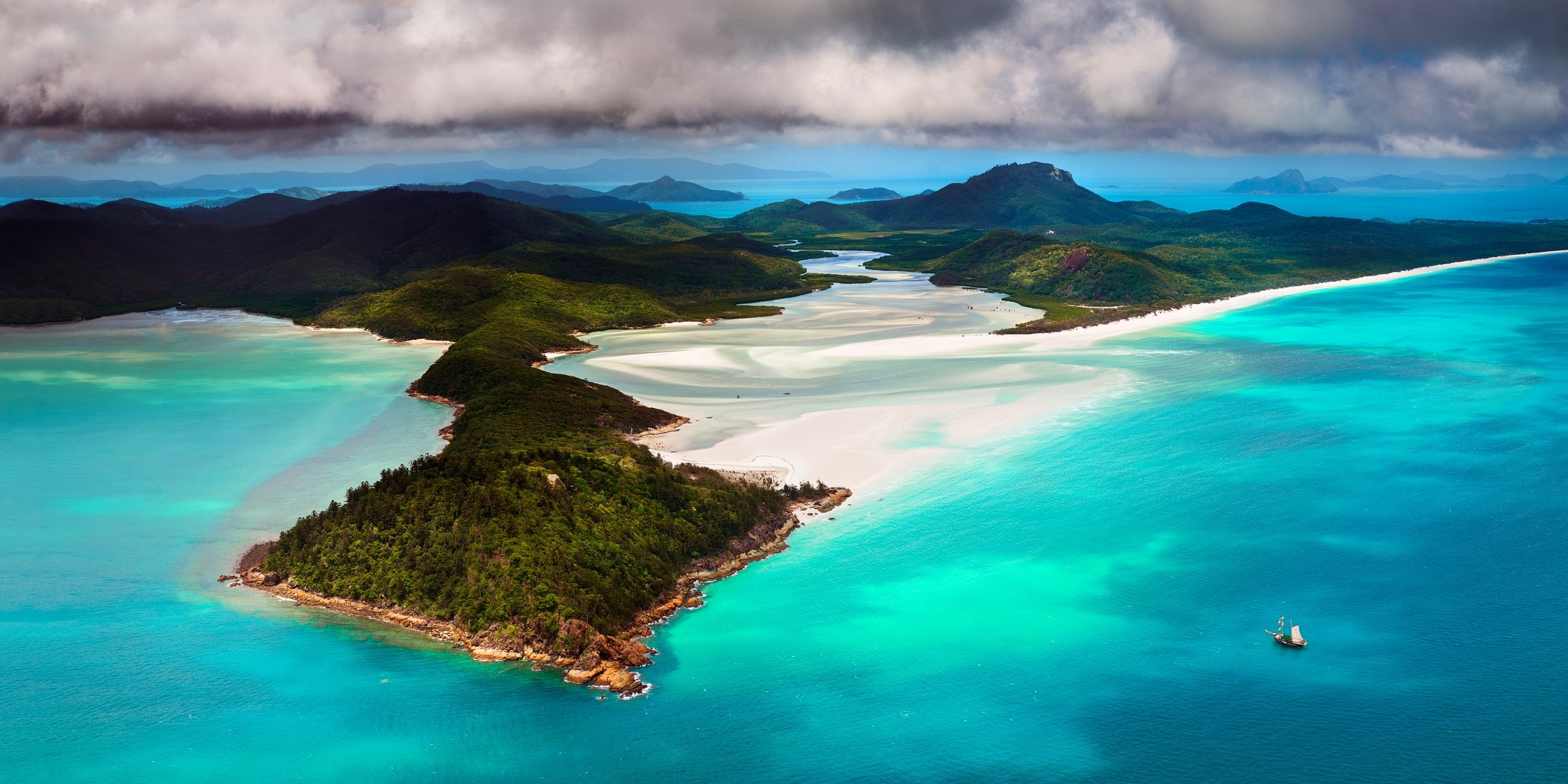 beach, Island, Australia, Sea, Sailboats, Sand, Clouds, Forest, Mountain, Turquoise, Water, Nature, Landscape, Aerial View Wallpaper