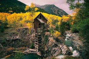 mill, Fall, River, Mining, Forest, Mountain, Trees, Water, Nature, Landscape, Yellow, Green