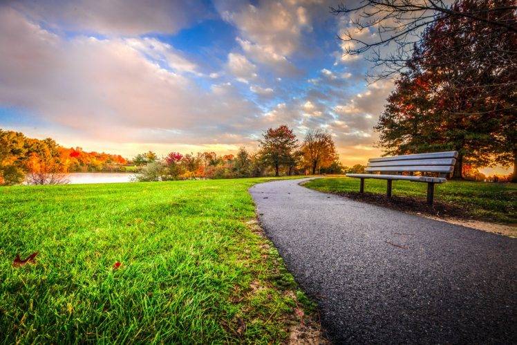 sunset, Bench, Park, Trees, Clouds, Grass, Fall, Nature, Landscape, Green, HDR, Path HD Wallpaper Desktop Background
