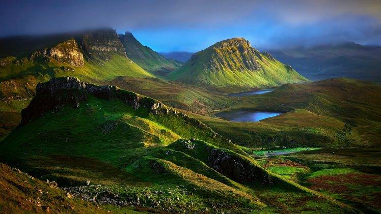 nature, Landscape, Mountain, Hill, Clouds, Skye, Scotland, UK, Rock, Lake, Grass HD Wallpaper Desktop Background