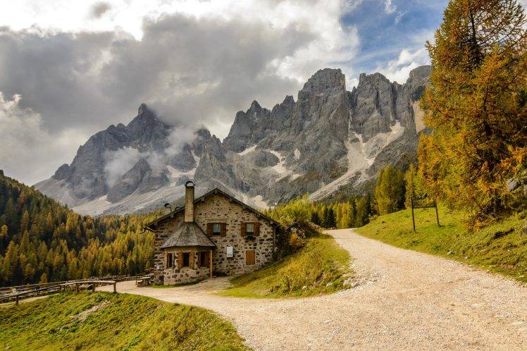 nature, Landscape, Mountain, Trees, Forest, Hill, Clouds, Snow, Dolomites (mountains), Italy, House, Path, Dirt Road HD Wallpaper Desktop Background