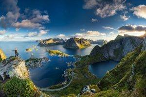 Lofoten, Norway, Sunrise, Island, Cityscape, Sea, Grass, Mountain, Clouds, Anime, Water, Nature, Landscape, Lake
