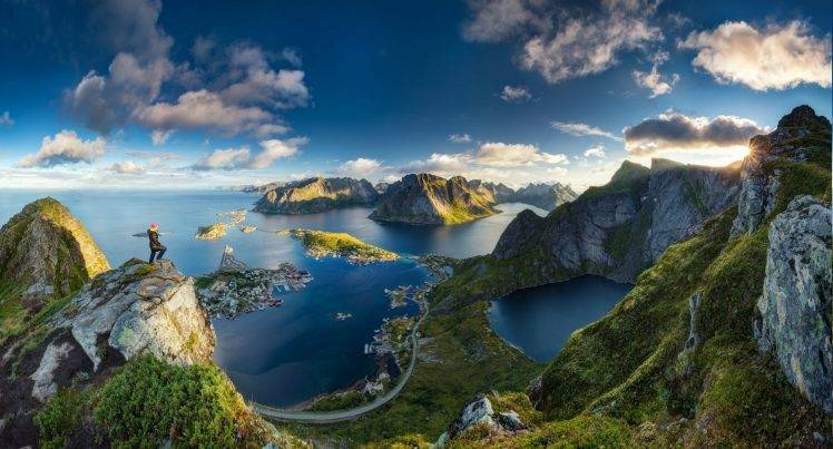 Lofoten, Norway, Sunrise, Island, Cityscape, Sea, Grass, Mountain, Clouds, Anime, Water, Nature, Landscape, Lake HD Wallpaper Desktop Background