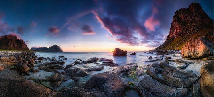 long Exposure, Sunset, Beach, Cliff, Clouds, Rock, Sea, Norway, Nature, Landscape, Yellow, Blue, Coast HD Wallpaper Desktop Background