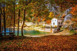 cottage, Lake, Fall, Camping, Italy, Trees, Hill, Yellow, Orange, Green, Blue, Nature, Landscape