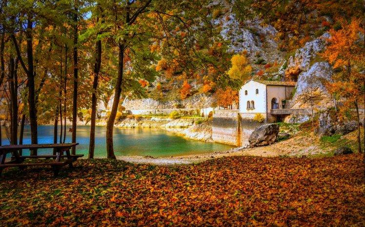 cottage, Lake, Fall, Camping, Italy, Trees, Hill, Yellow, Orange, Green, Blue, Nature, Landscape HD Wallpaper Desktop Background