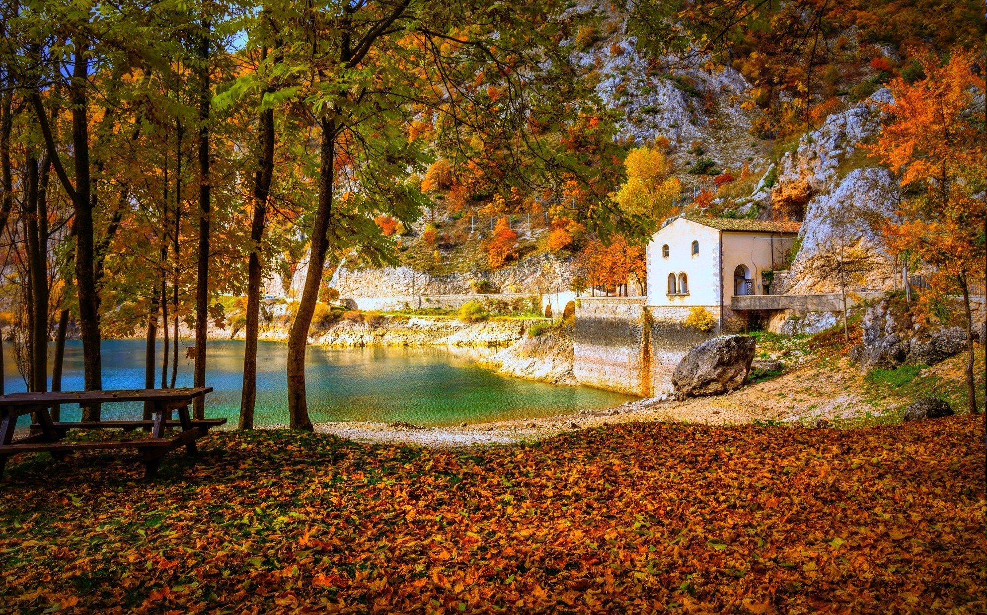 cottage, Lake, Fall, Camping, Italy, Trees, Hill, Yellow, Orange, Green, Blue, Nature, Landscape Wallpapers HD / Desktop Mobile Backgrounds