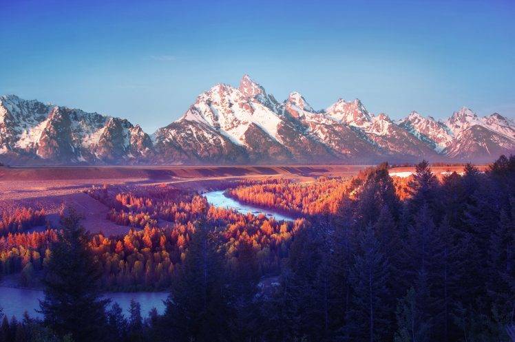 nature, Landscape, Forest, Trees, Mountain, River, Sky HD Wallpaper Desktop Background
