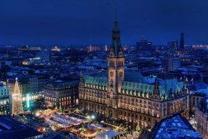 cityscape, Architecture, Tower, Old Building, Germany, Hamburg, Town Square, Rooftops, Markets, Christmas Tree, Evening, Church, Winter, Lights, Street, Bird’s Eye View, Aerial View