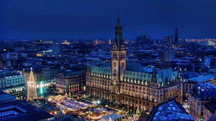 cityscape, Architecture, Tower, Old Building, Germany, Hamburg, Town Square, Rooftops, Markets, Christmas Tree, Evening, Church, Winter, Lights, Street, Bird’s Eye View, Aerial View HD Wallpaper Desktop Background