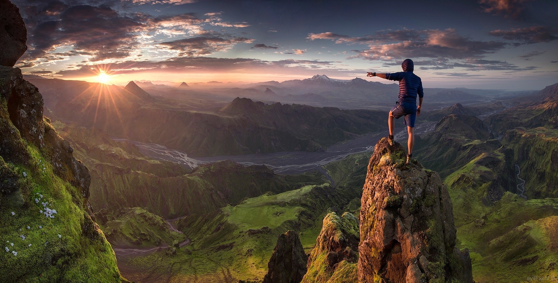 mountain, Sunrise, Iceland, Valley, Grass, Clouds, River, Panoramas, Hiking, Nature, Landscape, Max Rive Wallpaper