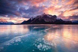 mountain, Winter, Lake, Sunrise, Clouds, Ice, Frost, Canada, Snowy Peak, Yellow, Turquoise, Nature, Landscape, Cold