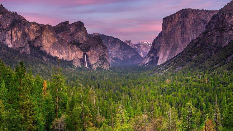 nature, Landscape, Mountain, Clouds, Trees, Forest, Water, California, USA, Waterfall, Sunset, Rock, Yosemite National Park HD Wallpaper Desktop Background