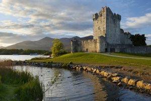 nature, Landscape, Architecture, Castle, Tower, Water, Clouds, Trees, Ireland, Hill, Grass, Path, Stones, River, Lake, Ship, Swans, Forest, Bricks, Walls