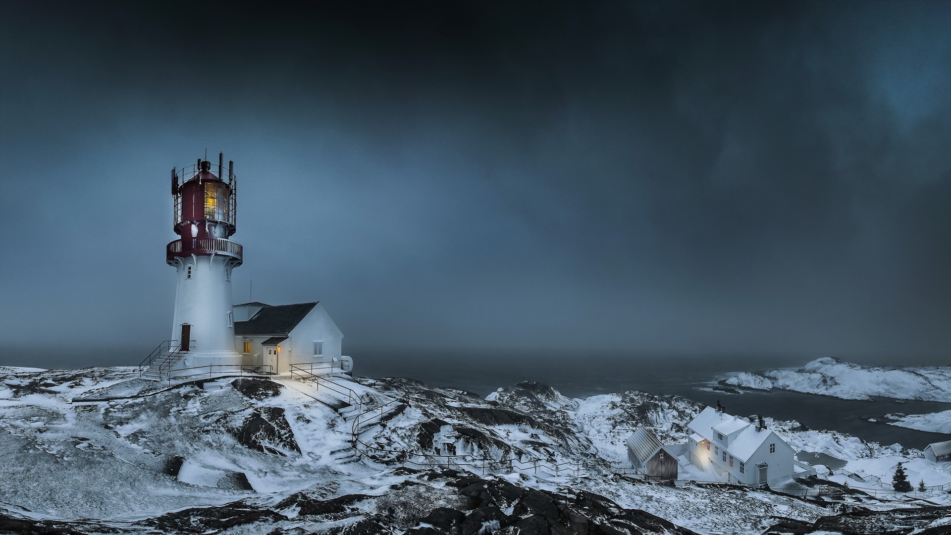 nature, Landscape, Clouds, Trees, Norway, Lighthouse, Winter, Snow, Fence, Rock, Sea, Storm, House, Lights Wallpaper