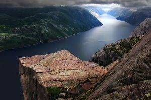 Preikestolen, Norway, Fjord, Clouds, Cliff, Mountain, Sea, Green, Blue, Nature, Landscape