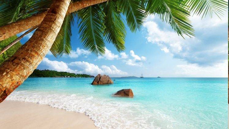 Seychelles, Beach, Sand, Palm Trees, Sea, Tropical, Summer, Exotic, Landscape, Clouds HD Wallpaper Desktop Background