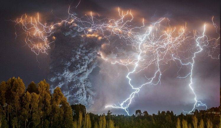 lightning, Volcano, Eruptions, Smoke, Forest, Chile, Night, Nature, Lights, Landscape HD Wallpaper Desktop Background