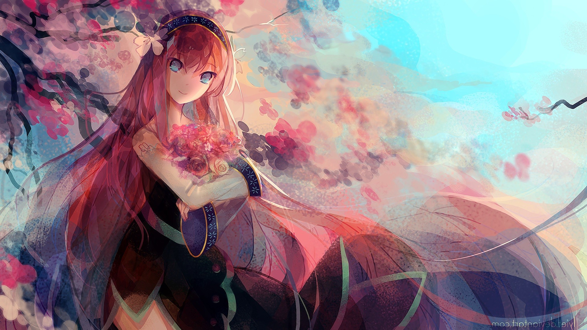 anime, Vocaloid, Megurine Luka, Long Hair, Flowers, Cherry Trees, Flower In Hair, Anime Girls Wallpaper