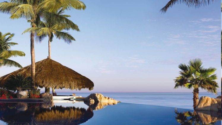 swimming Pool, Resort, Palm Trees, Caribbean, Sea, Flowers, Beach, Tropical, Water, Nature, Landscape, Reflection HD Wallpaper Desktop Background