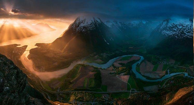 sunset, Norway, Field, Road, Mountain, Clouds, Sun Rays, Town, Snowy Peak, Bay, Valley, Nature, Landscape, River HD Wallpaper Desktop Background