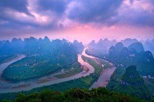 landscape, River, Nature, Mountain, China, Sunset, Forest, Clouds, Town, Green, Panoramas