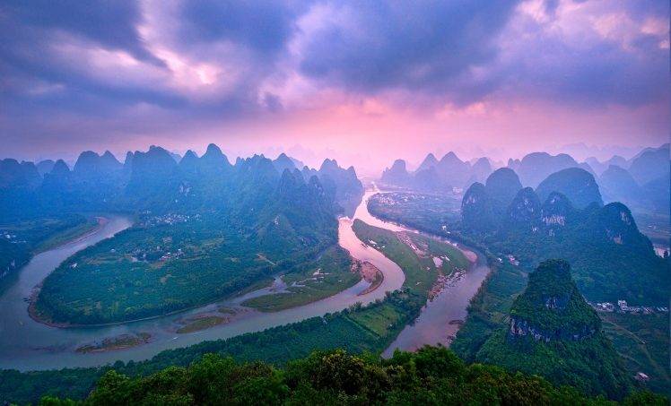 landscape, River, Nature, Mountain, China, Sunset, Forest, Clouds, Town, Green, Panoramas HD Wallpaper Desktop Background