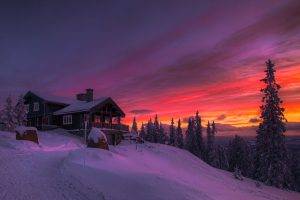 winter, Sunset, Clouds, Forest, Cottage, Snow, Cold, Norway, Trees, Red, Yellow, Orange, White, Nature, Landscape