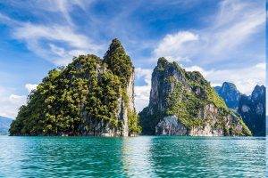 island, Limestone, Sea, Turquoise, Water, Tropical, Thailand, Clouds, Cliff, Mountain, Nature, Landscape
