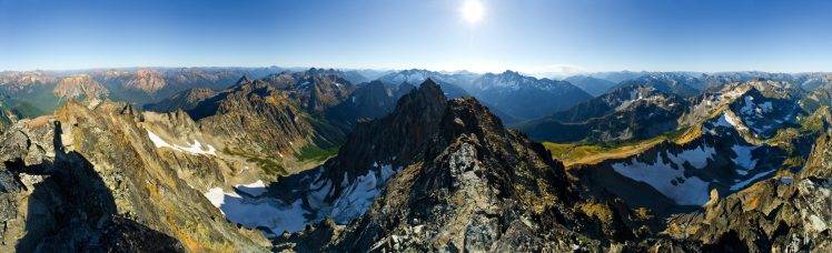 panoramas, Mountain, Snow, Valley, Grass, Snowy Peak, Nature, Landscape HD Wallpaper Desktop Background