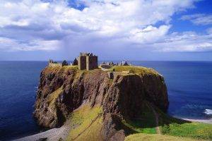 nature, Landscape, Sea, Cliff, Rock, Architecture, Castle, Ruin, Clouds, Coast, Grass, Horizon, Scotland, UK