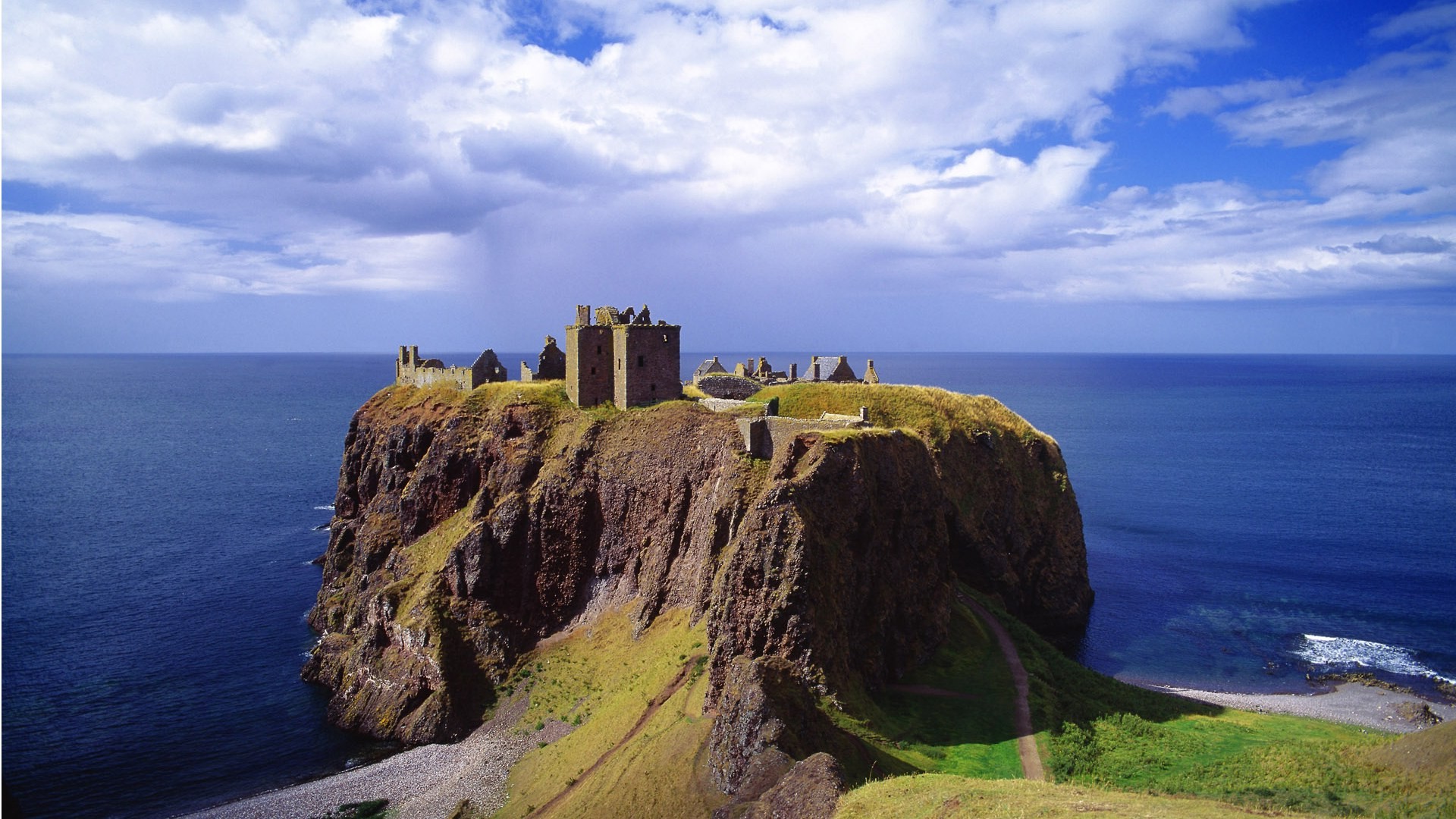 nature, Landscape, Sea, Cliff, Rock, Architecture, Castle, Ruin, Clouds, Coast, Grass, Horizon, Scotland, UK Wallpaper