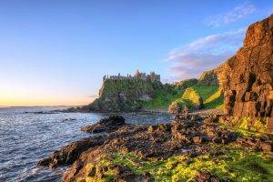 nature, Landscape, Sea, Cliff, Rock, Ireland, Architecture, Castle, Ruin, Clouds, Coast, Grass, Sunlight, Shadow