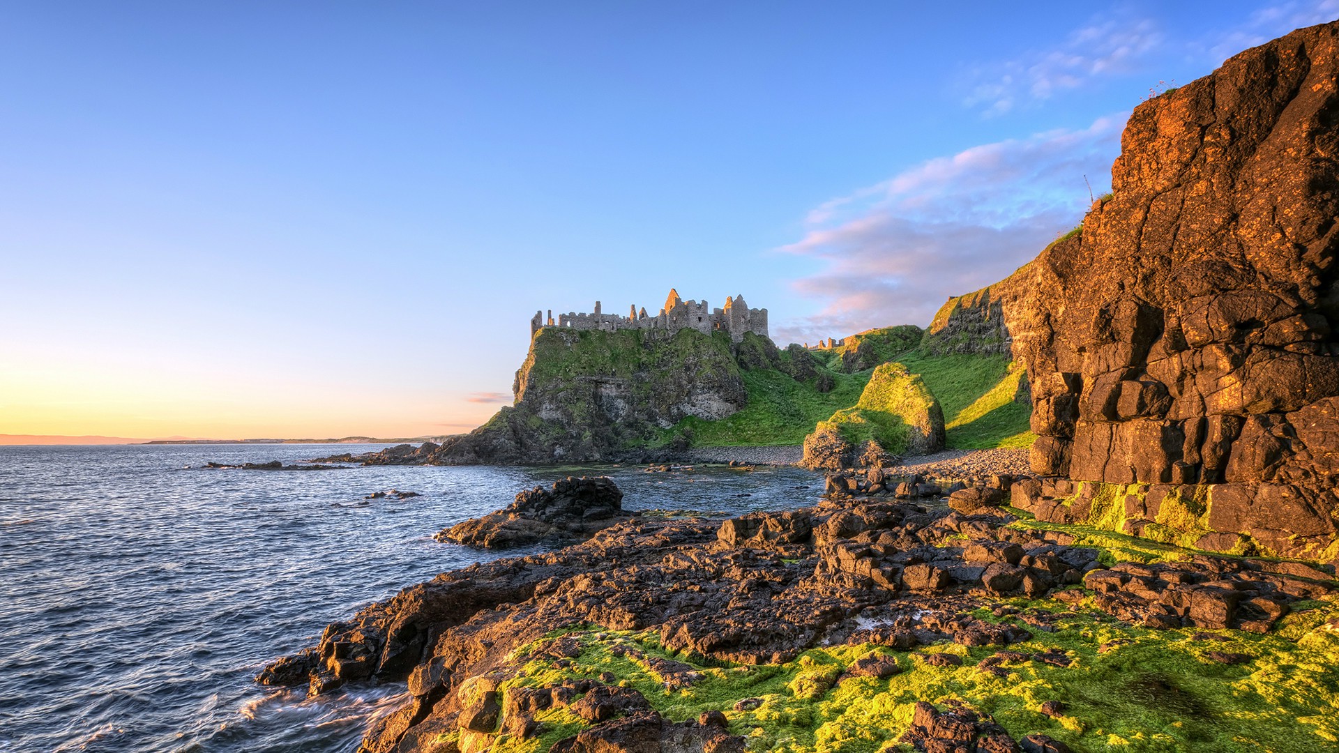 nature, Landscape, Sea, Cliff, Rock, Ireland, Architecture, Castle, Ruin, Clouds, Coast, Grass, Sunlight, Shadow Wallpaper