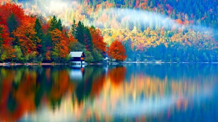 nature, Landscape, Trees, Forest, Fall, Colorful, Water, Lake, Slovenia, Mist, House, Reflection HD Wallpaper Desktop Background