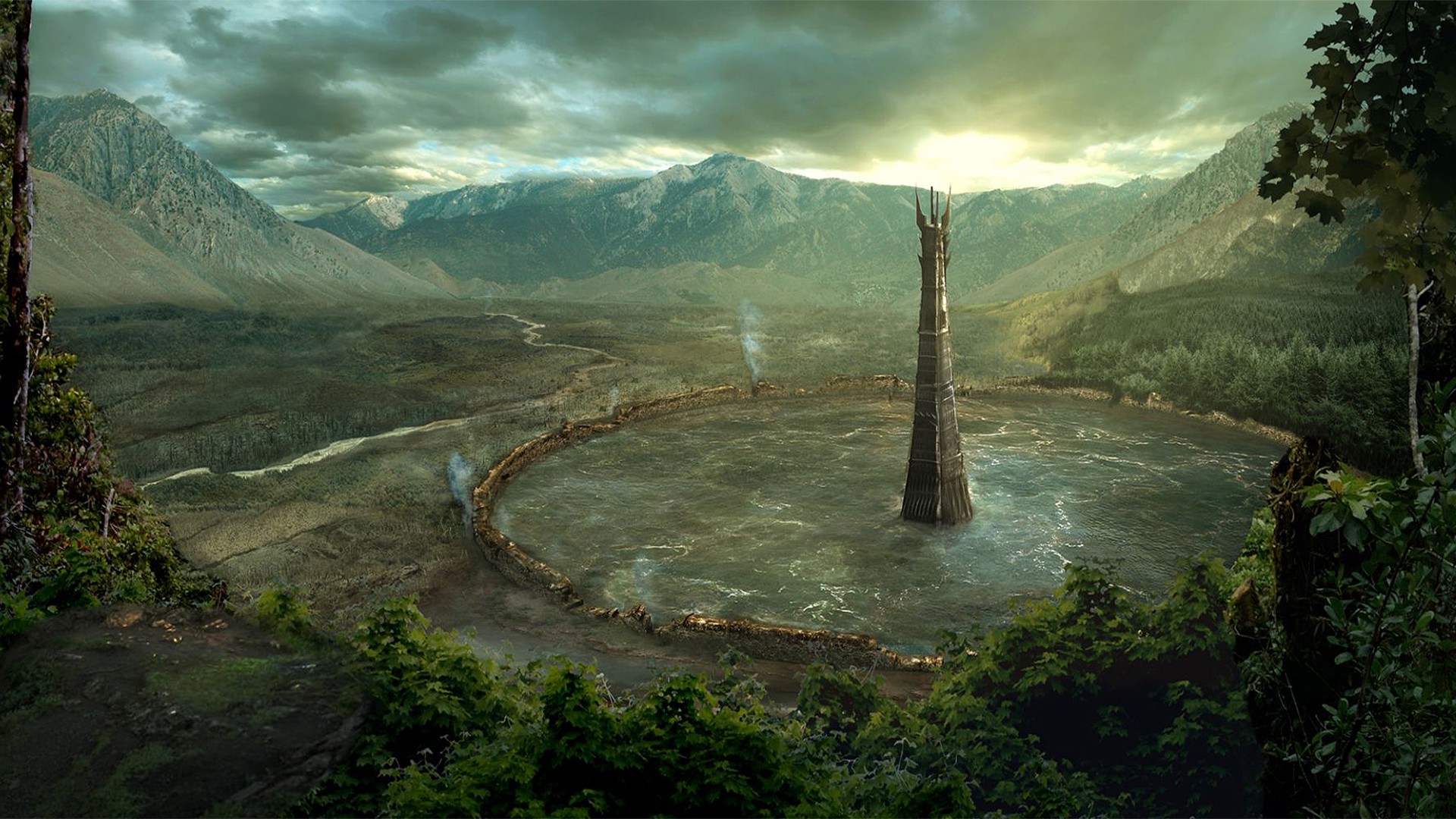 Isengard, Fantasy Art, Forest, Mountain, Tower, Water, Landscape