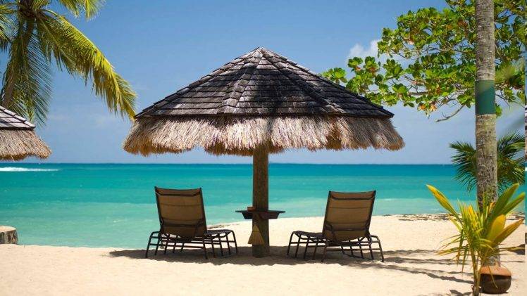 island, Beach, Umbrella, Palm Trees, Sand, Sea, Tropical, Nature, Vacations, Landscape, Summer, Turquoise, Green HD Wallpaper Desktop Background