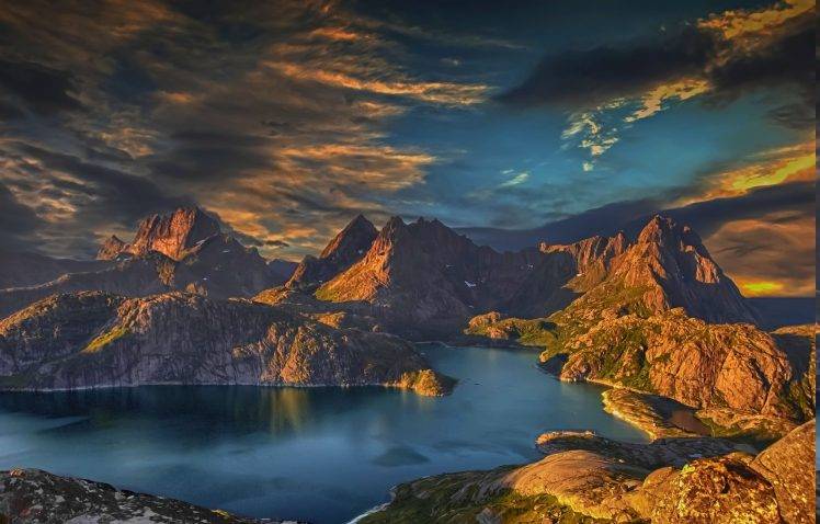 sunset, Mountain, Bay, Island, Lofoten, Norway, Clouds, Sea, Water, Nature, Landscape HD Wallpaper Desktop Background