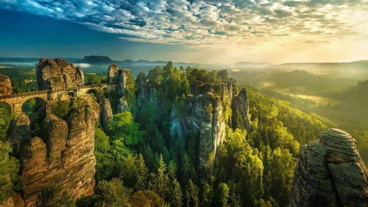 sunset, Germany, Saxon Switzerland, Forest, Landscape, Clouds, Hill, Mist, Cliff, Valley, Bridge, Bastei, Nature, Climbing HD Wallpaper Desktop Background