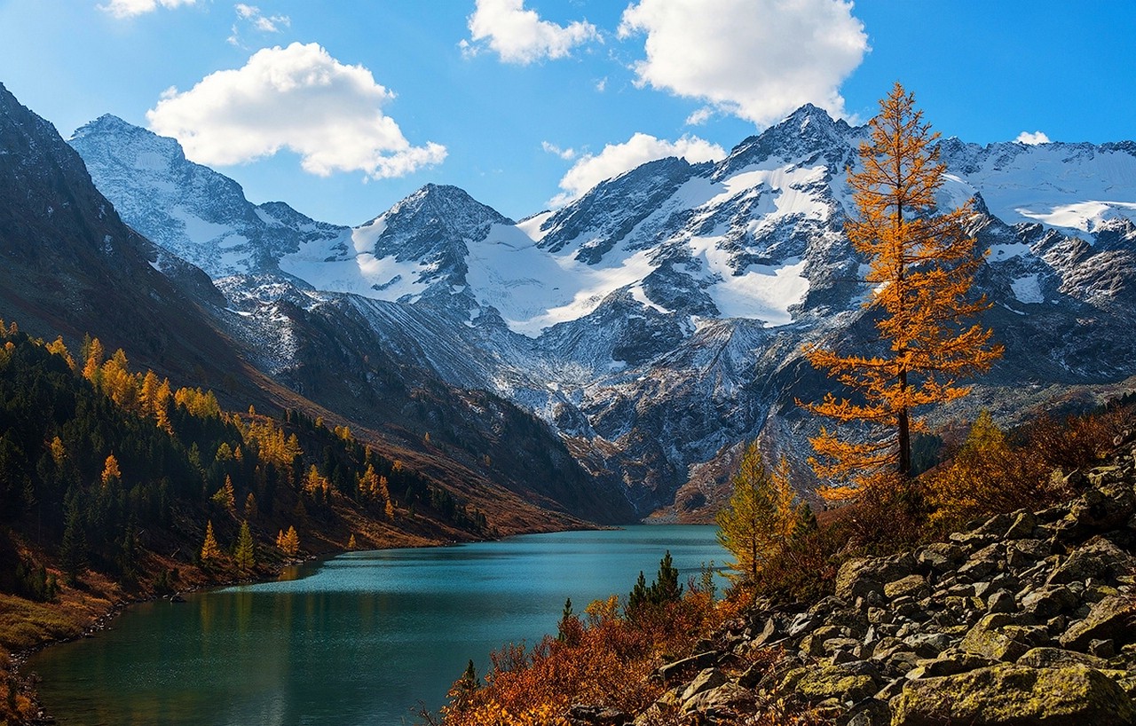 nature, Mountain, Lake, Snow, Fall, Altai Mountains, Snowy Peak