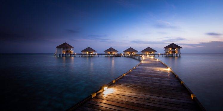 sunrise, Maldives, Resort, Artificial Lights, Walkway, Sea, Beach, Bungalow, Blue, Nature, Tropical, Summer, Landscape HD Wallpaper Desktop Background