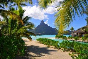 Bora Bora, Resort, Beach, French Polynesia, Mountain, Palm Trees, Sea, Summer, Tropical, Nature, Landscape, Clouds, Shrubs