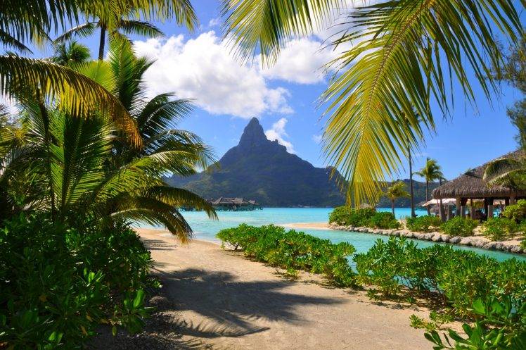 Bora Bora, Resort, Beach, French Polynesia, Mountain, Palm Trees, Sea, Summer, Tropical, Nature, Landscape, Clouds, Shrubs HD Wallpaper Desktop Background