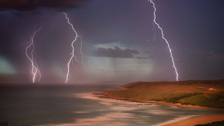 lightning, Landscape, Beach HD Wallpaper Desktop Background