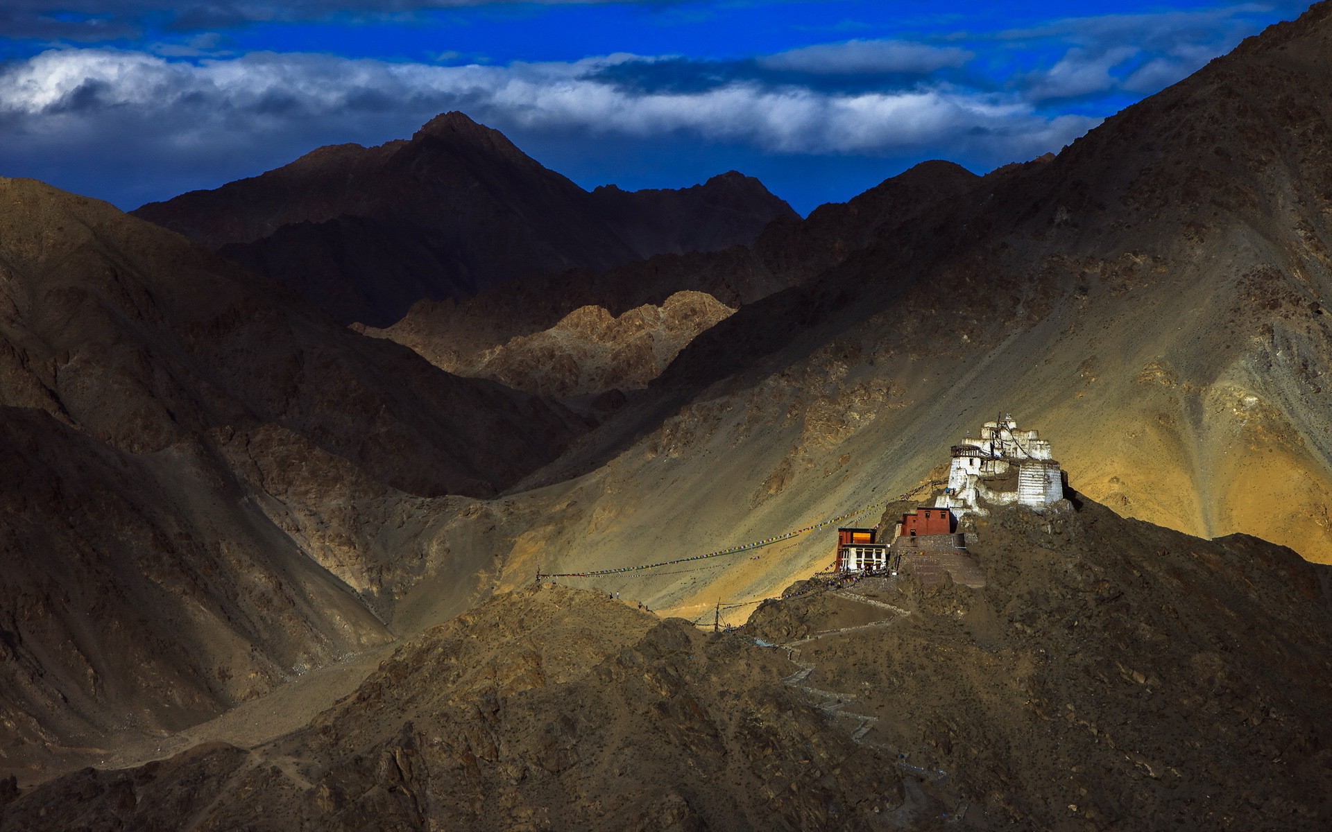 nature, Landscape, Mountain, Clouds, House, Hill, Tibet, China, Himalayas, Monastery, Flag, Buddhism, Rock, Path Wallpaper