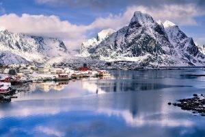nature, Landscape, Mountain, Clouds, House, Hill, Norway, Villages, Water, Snow, Winter, Reflection, Rock
