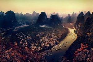 mountain, Cityscape, River, Fall, Field, Forest, Mist, Sunset, China, Building, Nature, Panoramas, Landscape