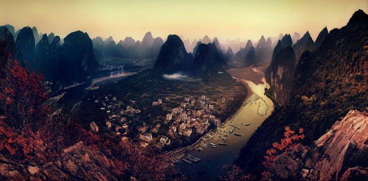 mountain, Cityscape, River, Fall, Field, Forest, Mist, Sunset, China, Building, Nature, Panoramas, Landscape HD Wallpaper Desktop Background